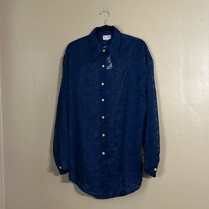 Tan-Chho Tunic Sz 2X Navy Lace Gold Button Down Long Sleeves Semi Sheer